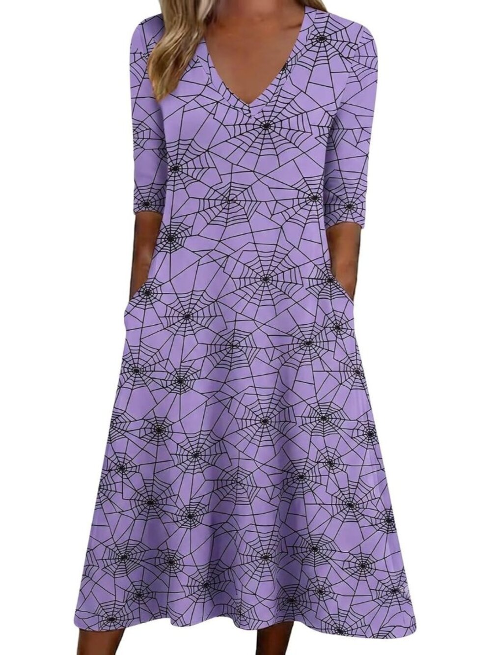 🎃Women's Purple Pumpkin Genie Witch Fall 3/4 Sleeve Halloween Shirt Dresses